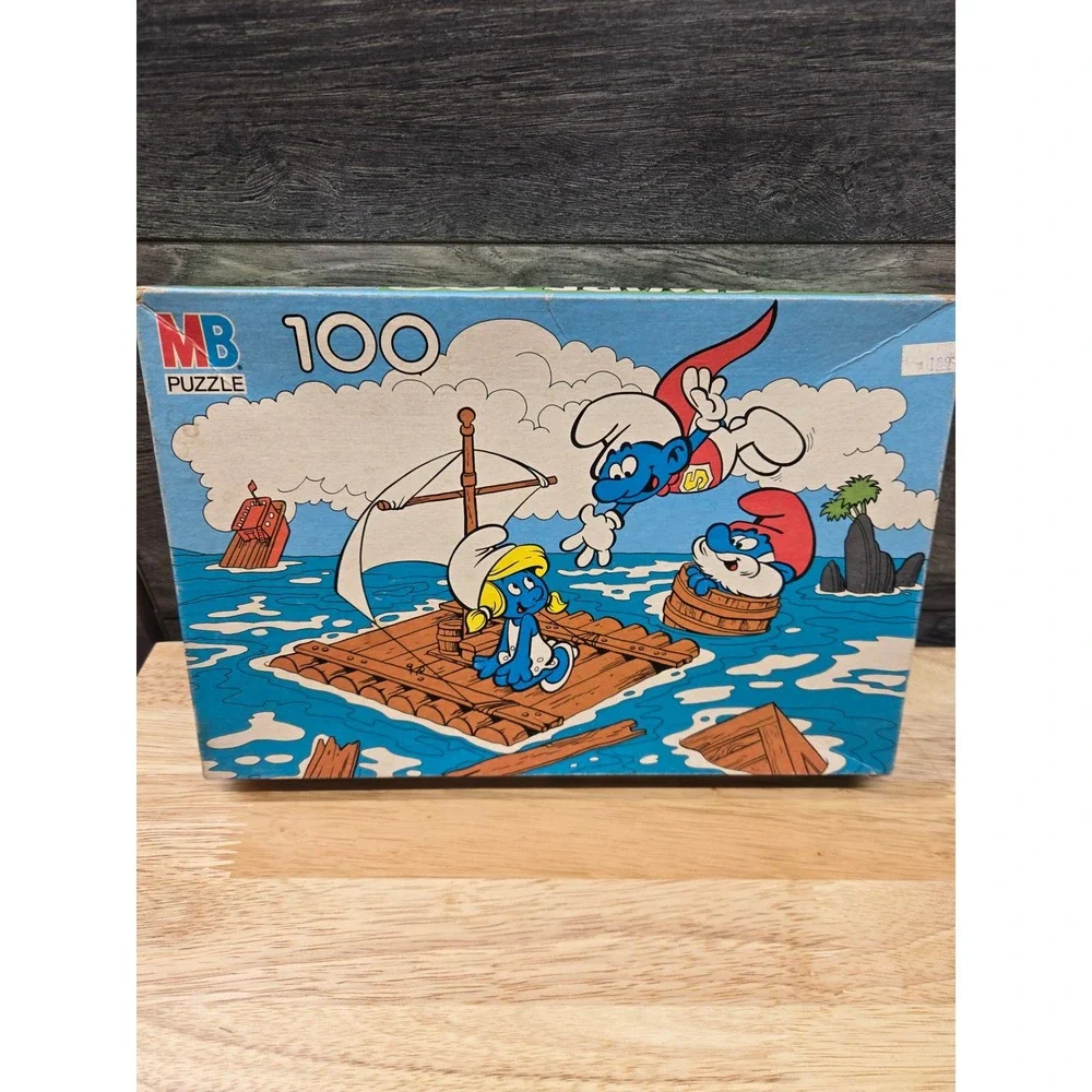 Vintage MB Smurfs Jigsaw Puzzle 100 Pieces Raft Scene 4190-6 1980s Peyo
